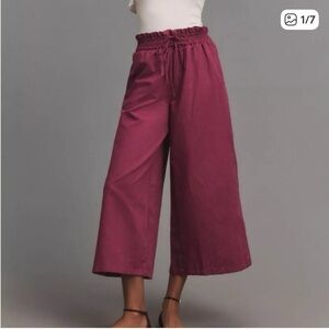 Anthropologie Linen Smocked High Rise Wide Leg Pants Purple